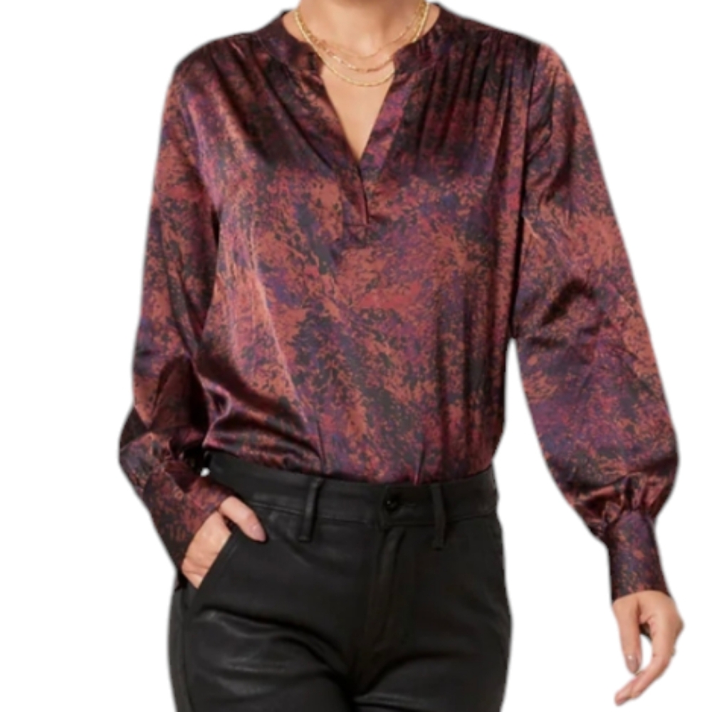 EVEREVE Ava Blouse Abstract Satin Top Flare Cuff Brown/Blue Multi Print S NWT